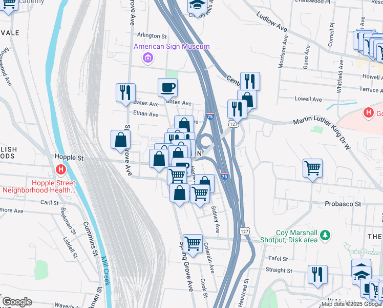map of restaurants, bars, coffee shops, grocery stores, and more near in Cincinnati