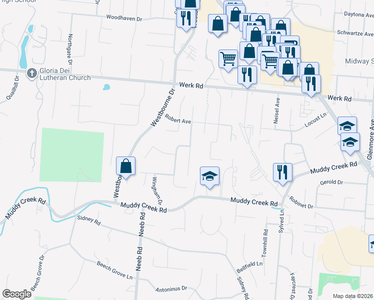 map of restaurants, bars, coffee shops, grocery stores, and more near 2761 Falconbridge Drive in Cincinnati