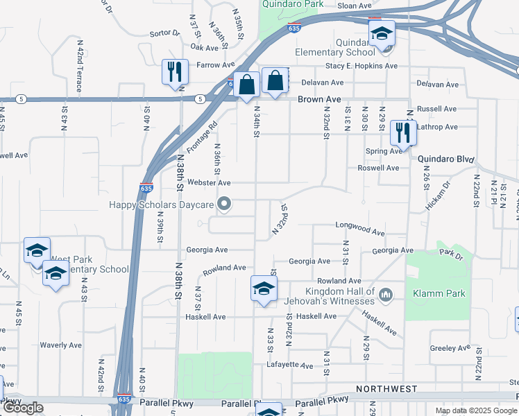 map of restaurants, bars, coffee shops, grocery stores, and more near 2764 North 33 Street in Kansas City