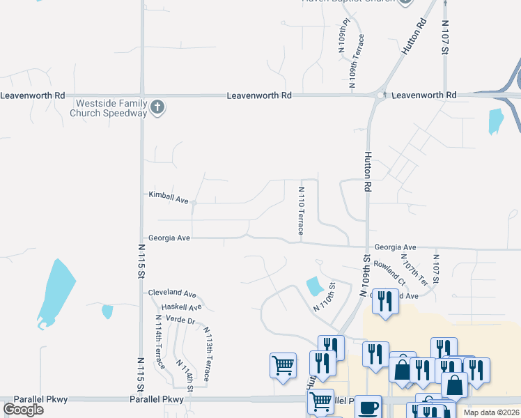 map of restaurants, bars, coffee shops, grocery stores, and more near 2763 North 112th Street in Kansas City