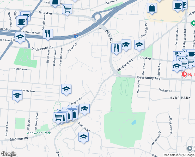 map of restaurants, bars, coffee shops, grocery stores, and more near 2324 Madison Road in Cincinnati