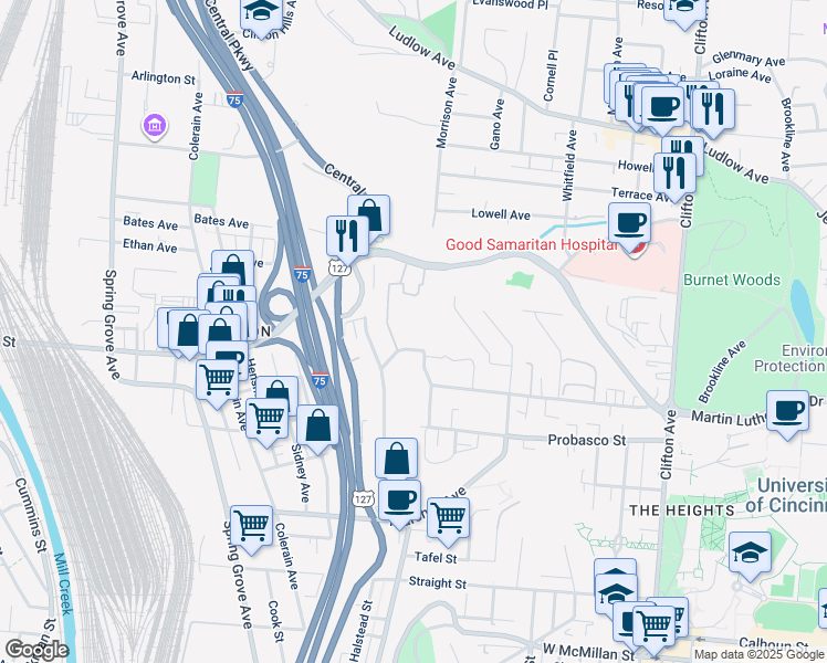 map of restaurants, bars, coffee shops, grocery stores, and more near 700 Riddle Road in Cincinnati