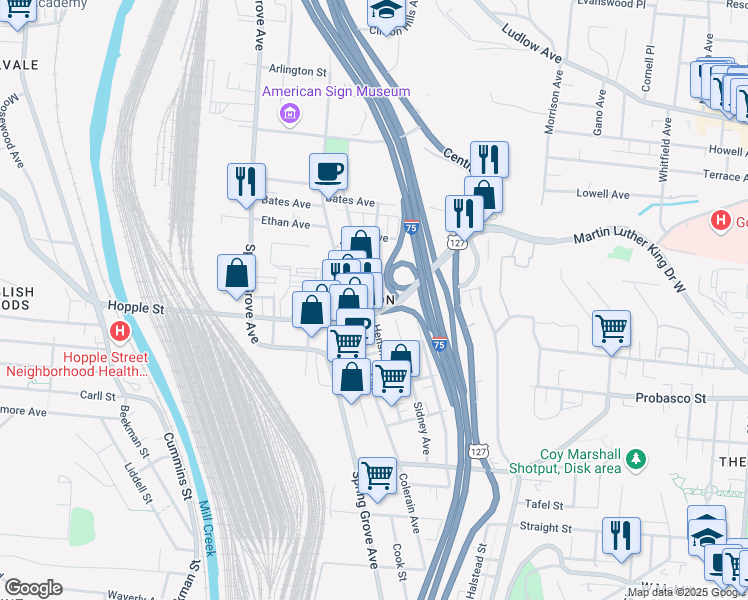 map of restaurants, bars, coffee shops, grocery stores, and more near 3000 Henshaw Avenue in Cincinnati