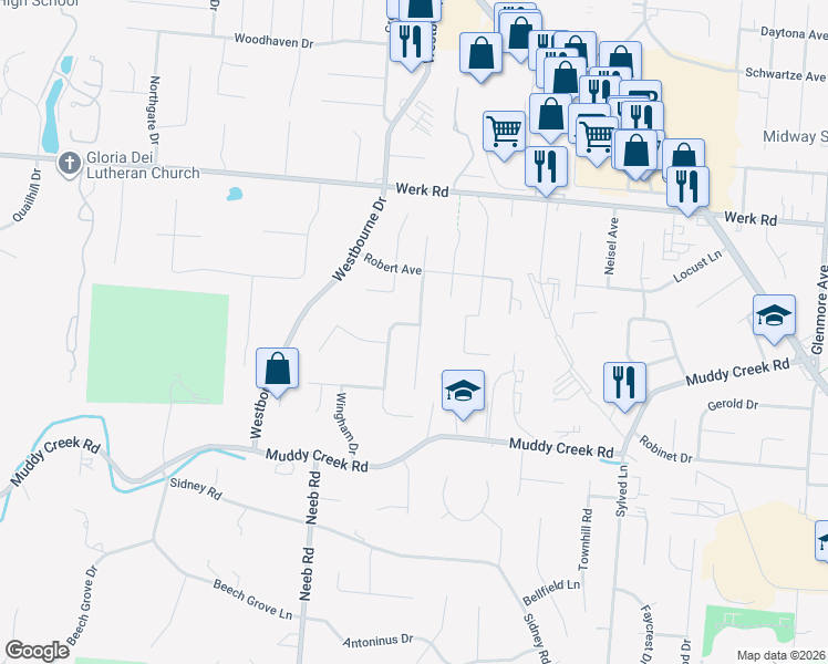 map of restaurants, bars, coffee shops, grocery stores, and more near 2761 Falconbridge Drive in Cincinnati