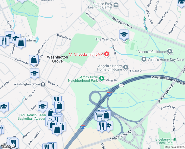 map of restaurants, bars, coffee shops, grocery stores, and more near 8246 Castanea Lane in Derwood