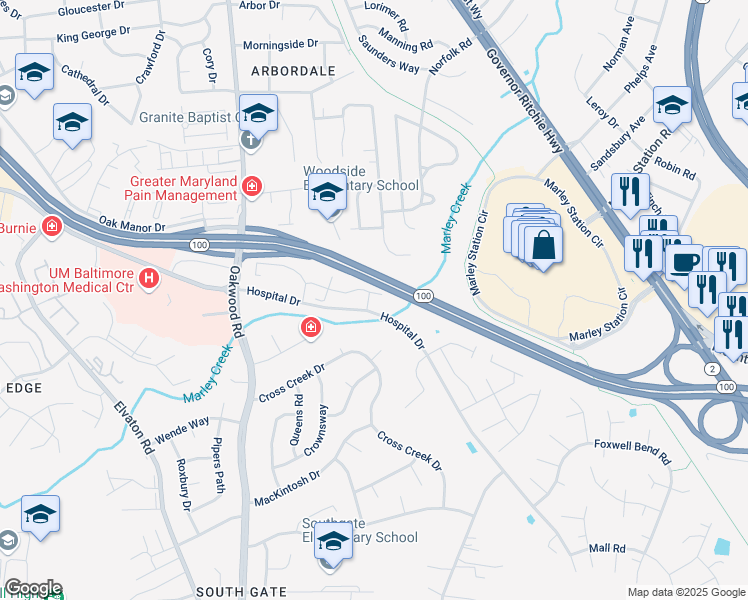 map of restaurants, bars, coffee shops, grocery stores, and more near 203 Somerset Bay Drive in Glen Burnie