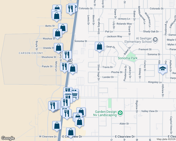map of restaurants, bars, coffee shops, grocery stores, and more near 303 Springview Court in Carson City