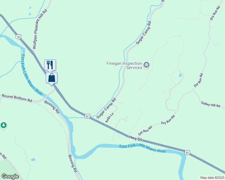 map of restaurants, bars, coffee shops, grocery stores, and more near 5095 Sugar Camp Road in Milford