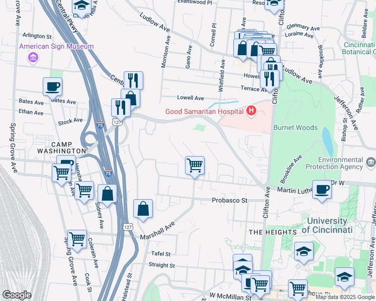map of restaurants, bars, coffee shops, grocery stores, and more near 3051 Marshall Avenue in Cincinnati