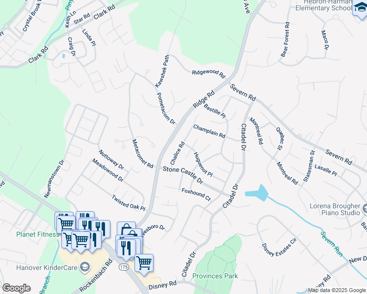map of restaurants, bars, coffee shops, grocery stores, and more near 7893 Chalice Road in Severn