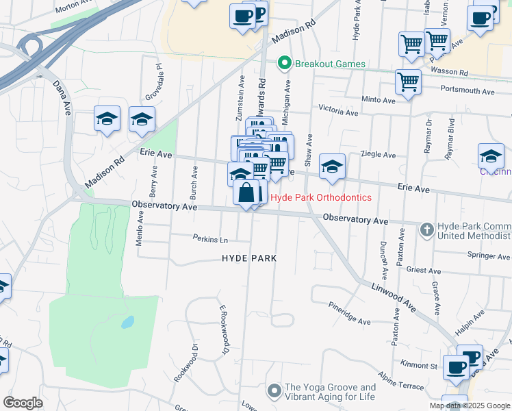 map of restaurants, bars, coffee shops, grocery stores, and more near 3401 Edwards Road in Cincinnati