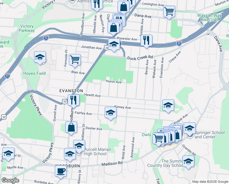 map of restaurants, bars, coffee shops, grocery stores, and more near 3320 Graydon Avenue in Cincinnati