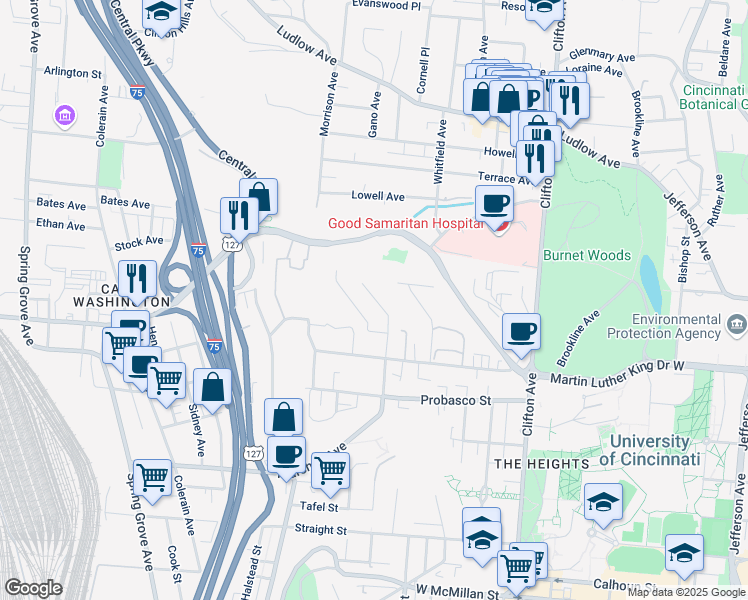 map of restaurants, bars, coffee shops, grocery stores, and more near 3060 Marshall Avenue in Cincinnati