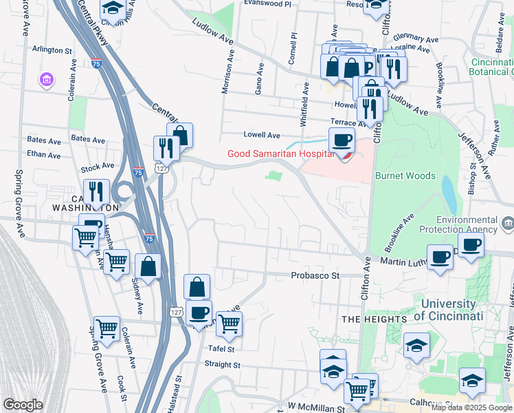 map of restaurants, bars, coffee shops, grocery stores, and more near 3060 Marshall Avenue in Cincinnati