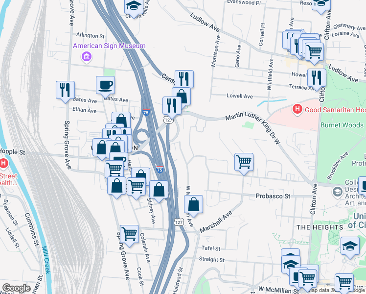 map of restaurants, bars, coffee shops, grocery stores, and more near 724 Riddle Road in Cincinnati