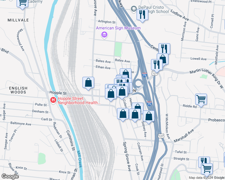 map of restaurants, bars, coffee shops, grocery stores, and more near 1316 Elam Street in Cincinnati