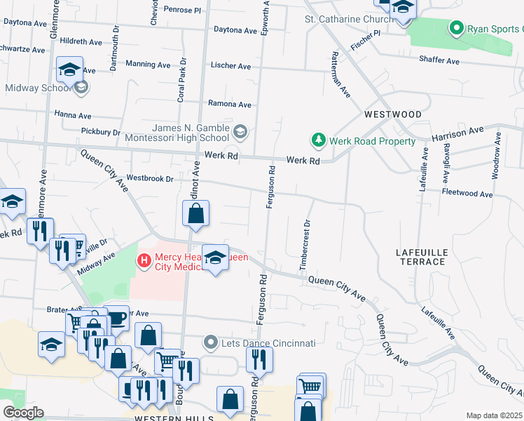 map of restaurants, bars, coffee shops, grocery stores, and more near 3015 Ferguson Road in Cincinnati
