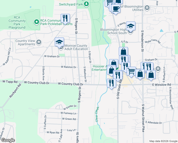 map of restaurants, bars, coffee shops, grocery stores, and more near 2602 South Bryan Street in Bloomington