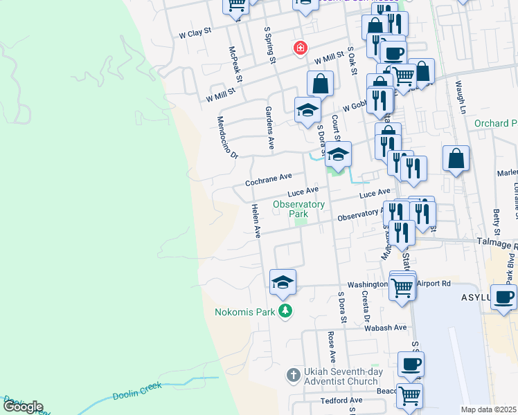 map of restaurants, bars, coffee shops, grocery stores, and more near 1001 Helen Avenue in Ukiah