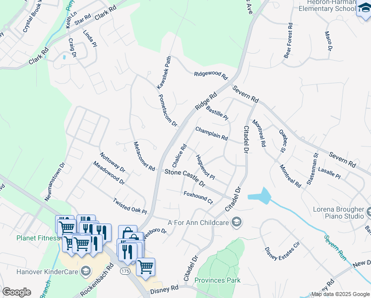 map of restaurants, bars, coffee shops, grocery stores, and more near 7893 Chalice Road in Severn