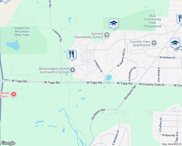 map of restaurants, bars, coffee shops, grocery stores, and more near 2730 South Adams Street in Bloomington