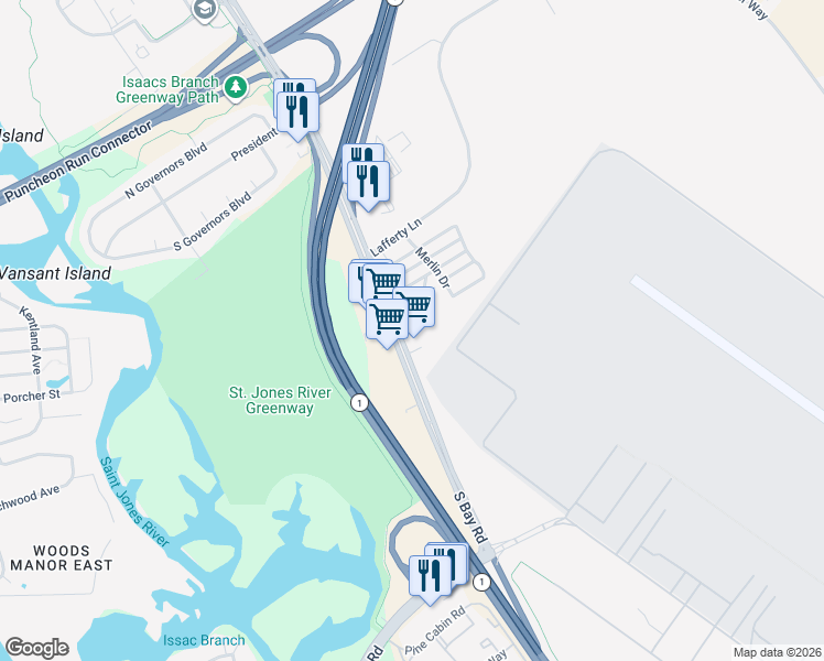 map of restaurants, bars, coffee shops, grocery stores, and more near 1171 South Bay Road in Dover