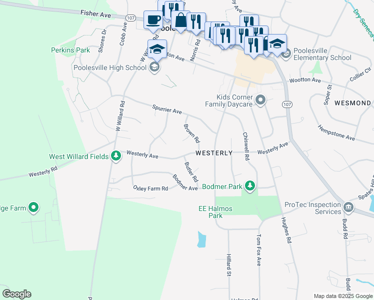 map of restaurants, bars, coffee shops, grocery stores, and more near 19821 Westerly Avenue in Poolesville