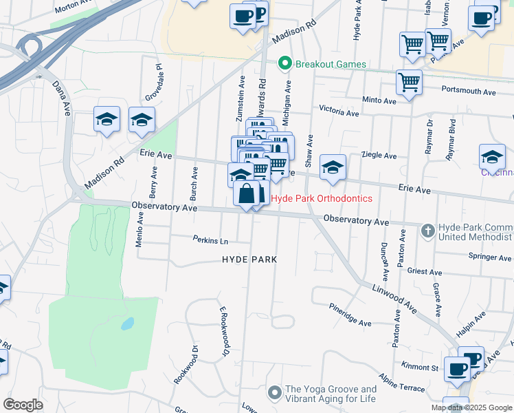 map of restaurants, bars, coffee shops, grocery stores, and more near 2700 Observatory Avenue in Cincinnati