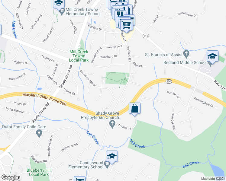 map of restaurants, bars, coffee shops, grocery stores, and more near 7124 Copperwood Court in Rockville