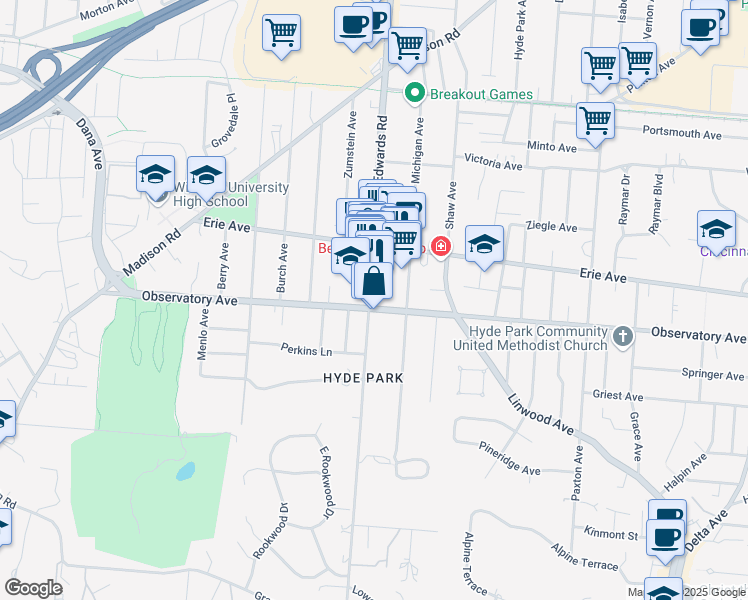 map of restaurants, bars, coffee shops, grocery stores, and more near 2700 Observatory Avenue in Cincinnati
