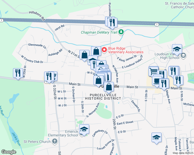 map of restaurants, bars, coffee shops, grocery stores, and more near 120 North 23rd Street in Purcellville