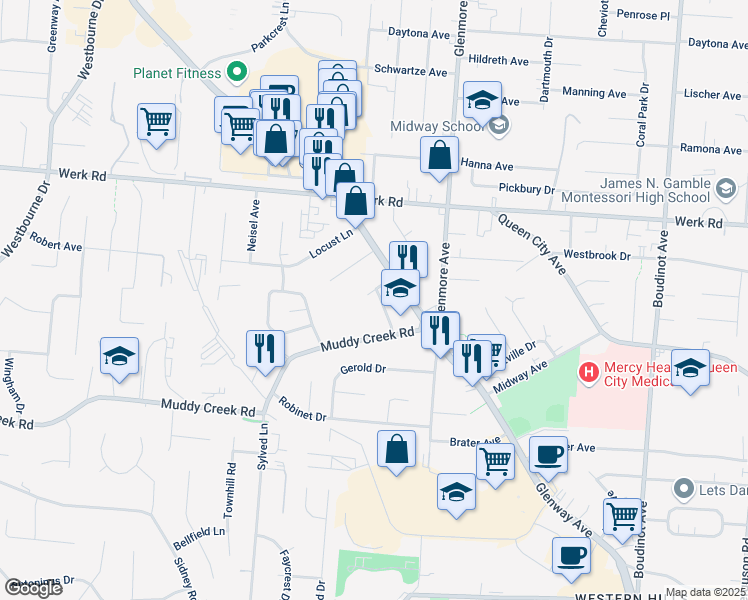 map of restaurants, bars, coffee shops, grocery stores, and more near 2835 Rose Bud Drive in Cincinnati
