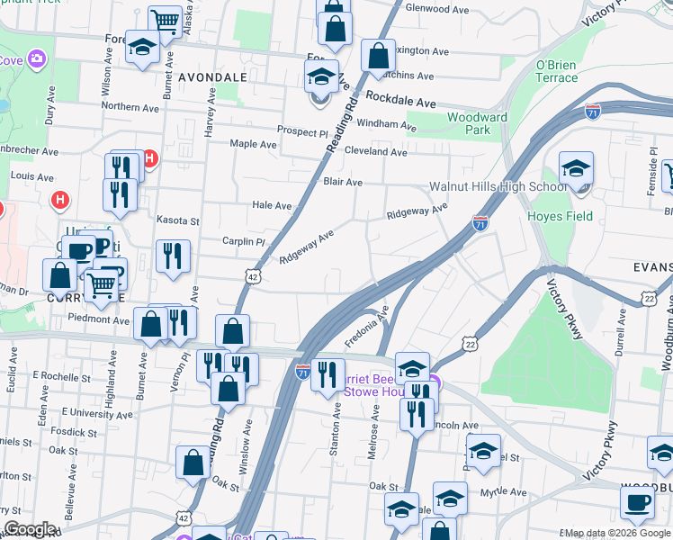 map of restaurants, bars, coffee shops, grocery stores, and more near 814 Whittier Street in Cincinnati