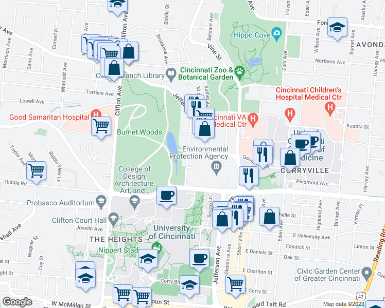 map of restaurants, bars, coffee shops, grocery stores, and more near 127 West Nixon Street in Cincinnati