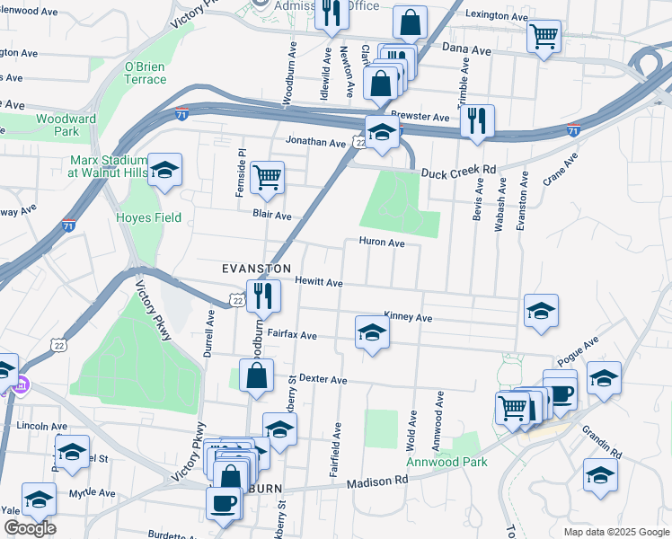 map of restaurants, bars, coffee shops, grocery stores, and more near 3320 Holloway Court in Cincinnati