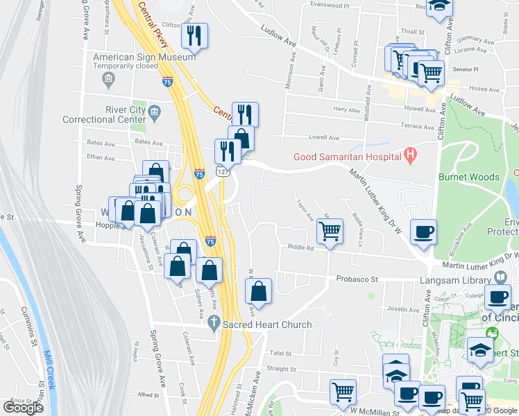 map of restaurants, bars, coffee shops, grocery stores, and more near 724 Riddle Road in Cincinnati