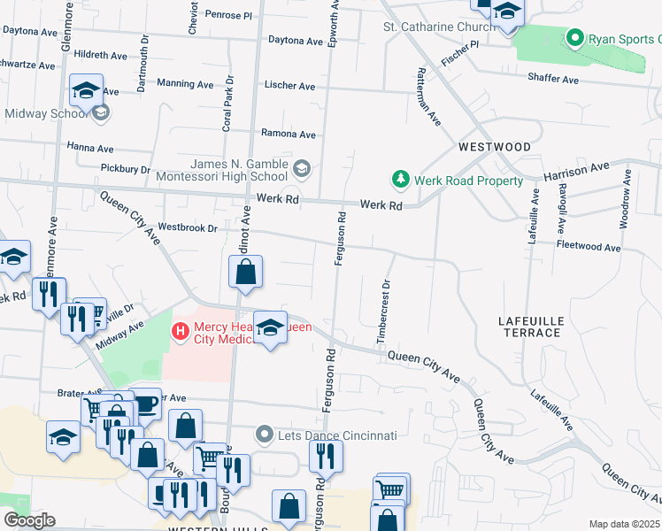 map of restaurants, bars, coffee shops, grocery stores, and more near 3015 Ferguson Road in Cincinnati