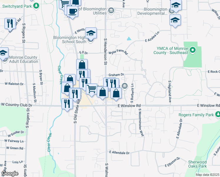 map of restaurants, bars, coffee shops, grocery stores, and more near 2381 South Brandon Court in Bloomington