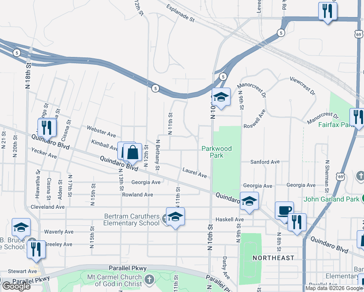map of restaurants, bars, coffee shops, grocery stores, and more near 1062 Kimball Avenue in Kansas City