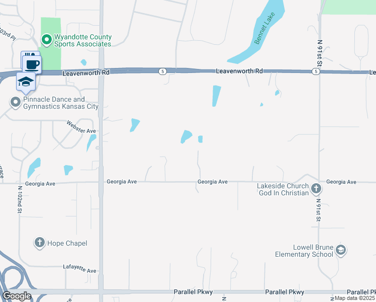 map of restaurants, bars, coffee shops, grocery stores, and more near 9600 Georgia Avenue in Kansas City