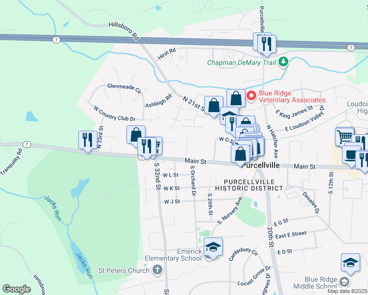 map of restaurants, bars, coffee shops, grocery stores, and more near 111 North 28th Street in Purcellville