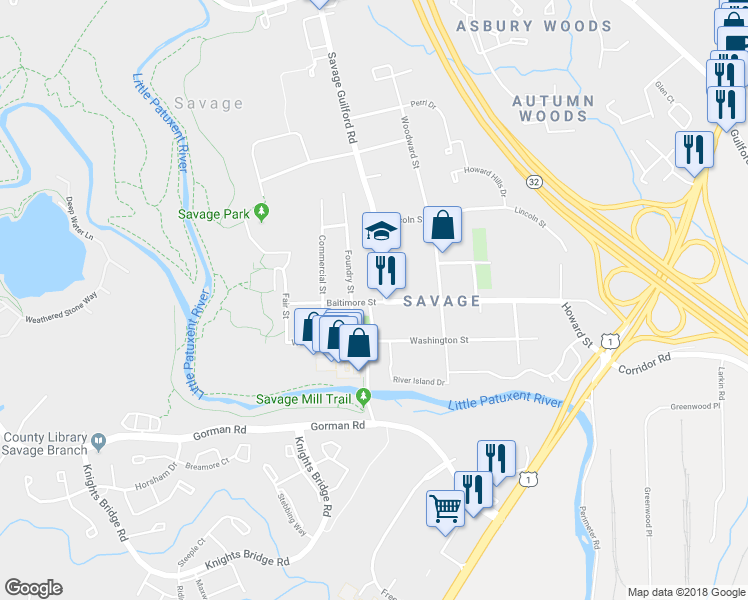 map of restaurants, bars, coffee shops, grocery stores, and more near 8495 Savage Guilford Road in Savage