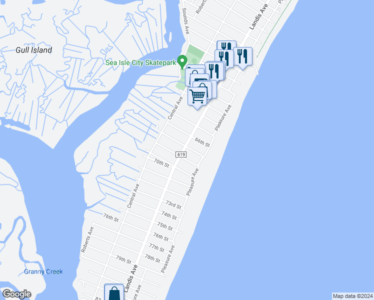 map of restaurants, bars, coffee shops, grocery stores, and more near 28 67th Street in Sea Isle City
