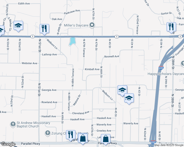 map of restaurants, bars, coffee shops, grocery stores, and more near 4710 Yecker Avenue in Kansas City