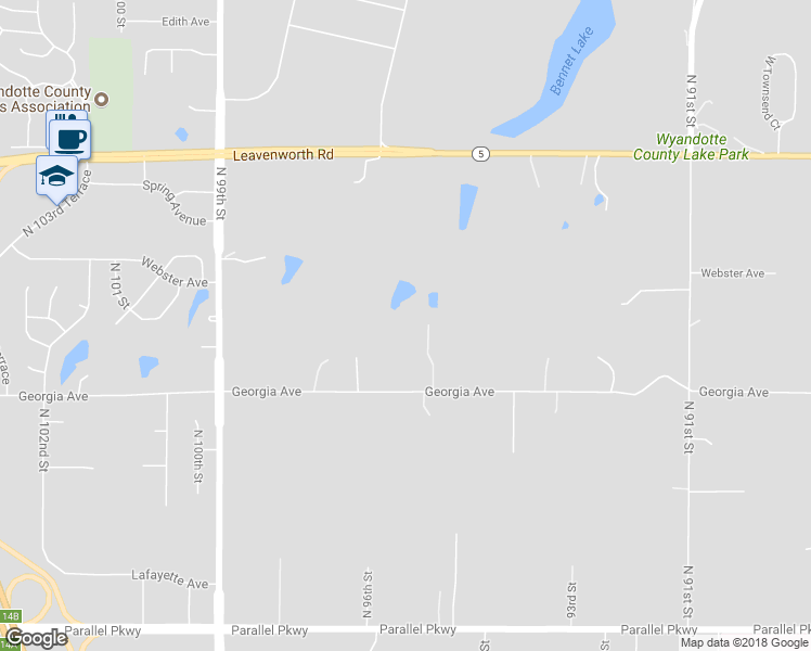 map of restaurants, bars, coffee shops, grocery stores, and more near 9600 Georgia Avenue in Kansas City