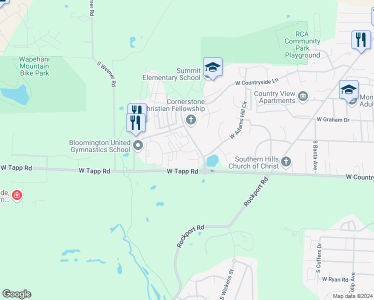 map of restaurants, bars, coffee shops, grocery stores, and more near 2698 South Adams Street in Bloomington