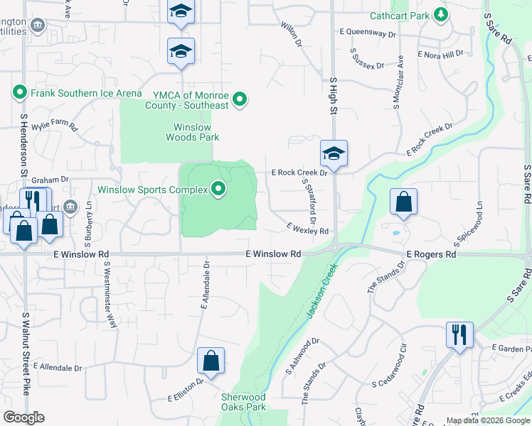 map of restaurants, bars, coffee shops, grocery stores, and more near 1715 East Wexley Road in Bloomington