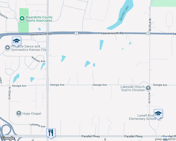 map of restaurants, bars, coffee shops, grocery stores, and more near 9600 Georgia Avenue in Kansas City