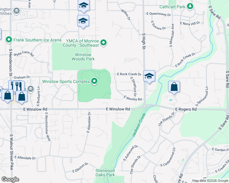 map of restaurants, bars, coffee shops, grocery stores, and more near 1715 East Wexley Road in Bloomington