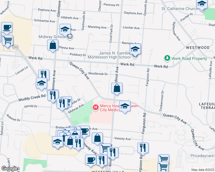 map of restaurants, bars, coffee shops, grocery stores, and more near 2943 Westridge Avenue in Cincinnati